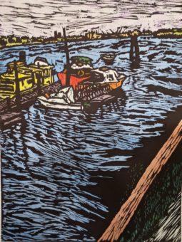 HAND COLORED WOODCUT / 16 " x 12 "